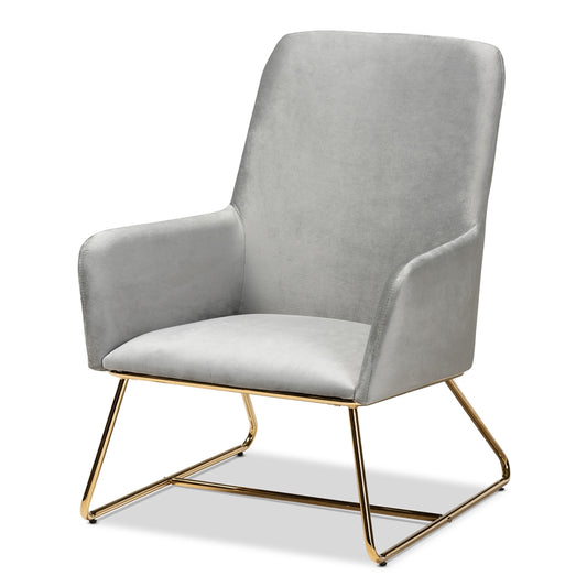 VELVET FABRIC UPHOLSTERED GOLD FINISHED ARMCHAIR