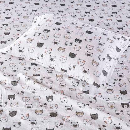 Grey/Pink Cats Soft Cotton Flannel Printed Sheet Set