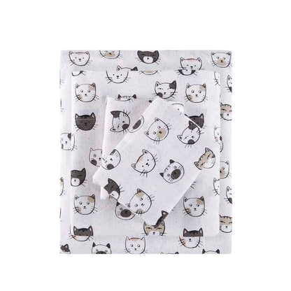 Grey/Pink Cats Soft Cotton Flannel Printed Sheet Set