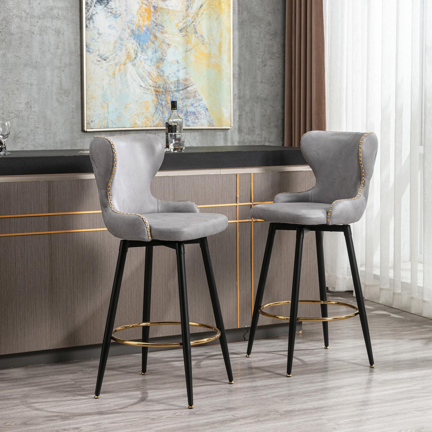 Set of 2 29" Modern Leather Tufted Swivel Bar Stools