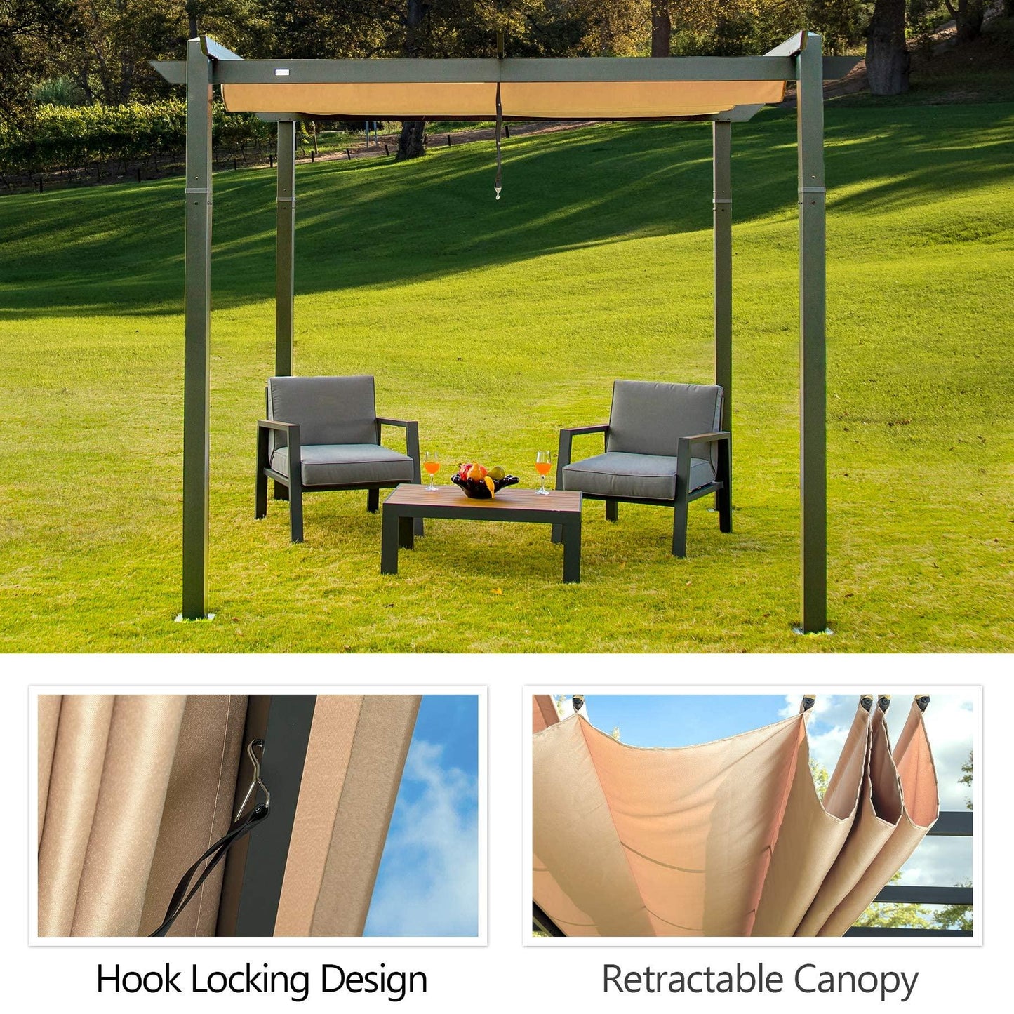 10'X10' Retractable Pergola with Weather-Resistant Canopy Aluminum