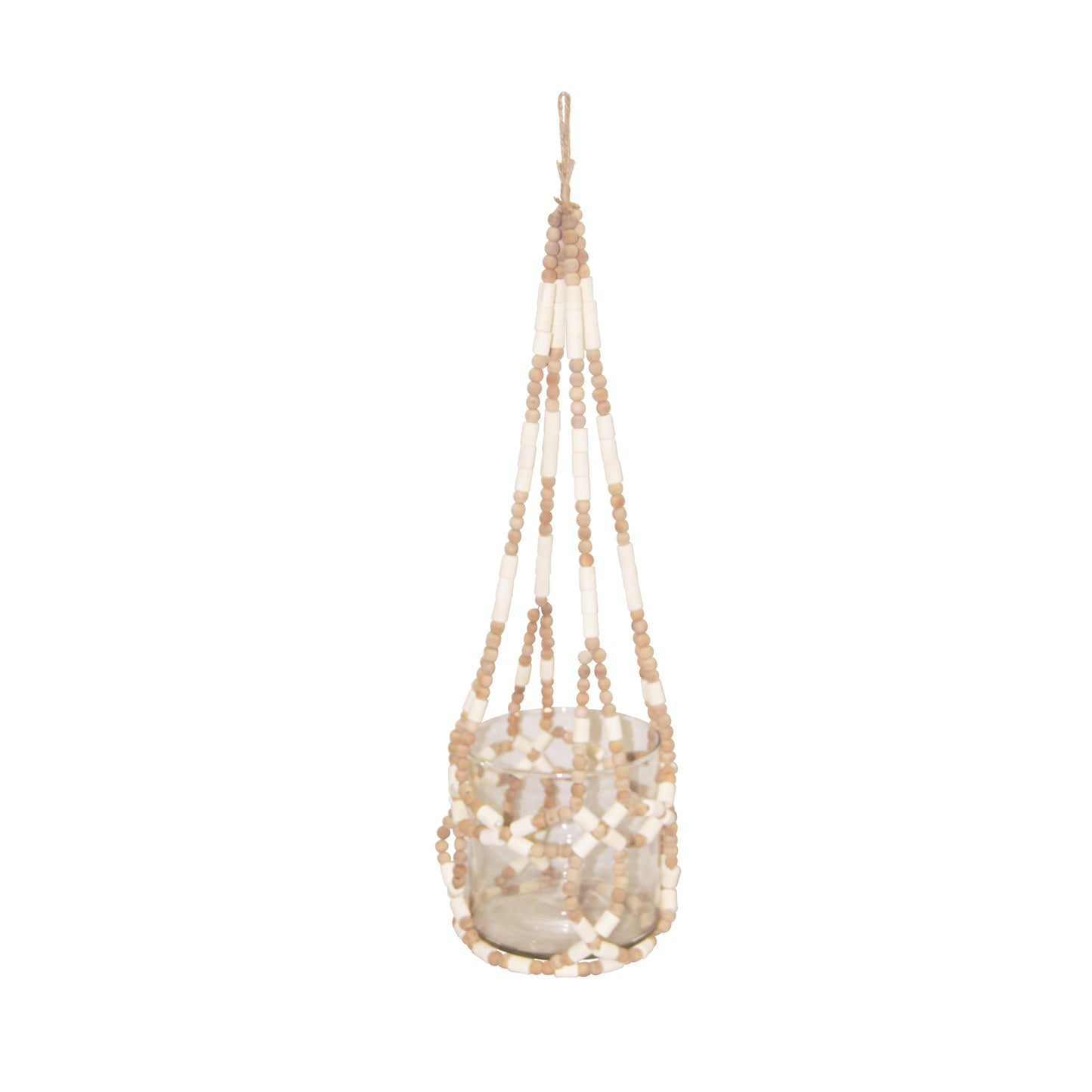 WOOD BEAD HANGING CANDLE HOLDER, TAN