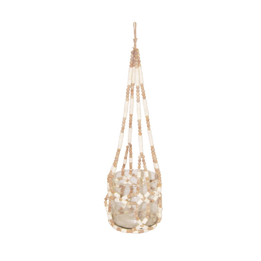 WOOD BEAD HANGING CANDLE HOLDER, TAN