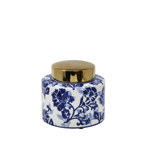 WHITE/BLUE JAR W/ GOLD LID 8"