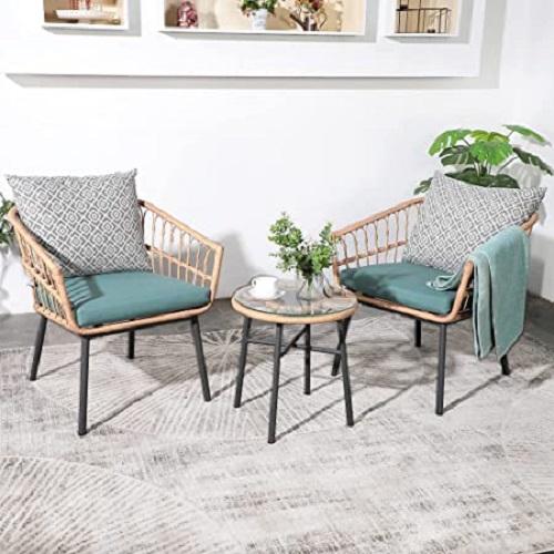 3-Piece Metal Outdoor Patio Bistro Wicker Set with Turquoise Cushions