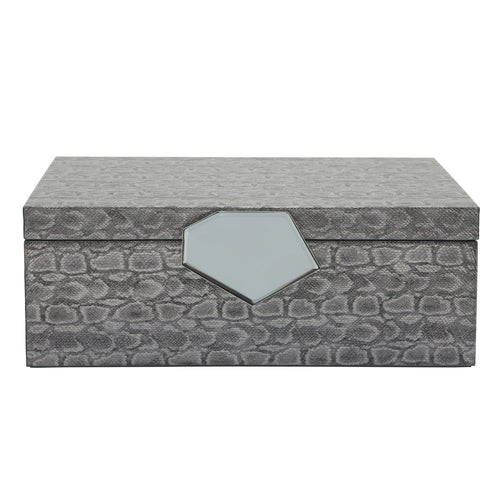 WOOD 14" FAUX LEATHER BOX, GRAY