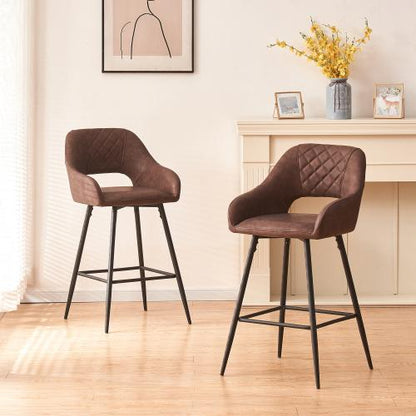 Set of 2 Leather Brown Breakfast Dining Bar Stools