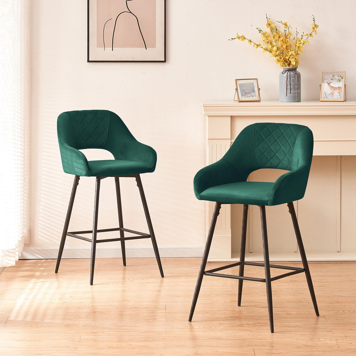 Set of 2 Velvet Green Counter Stools