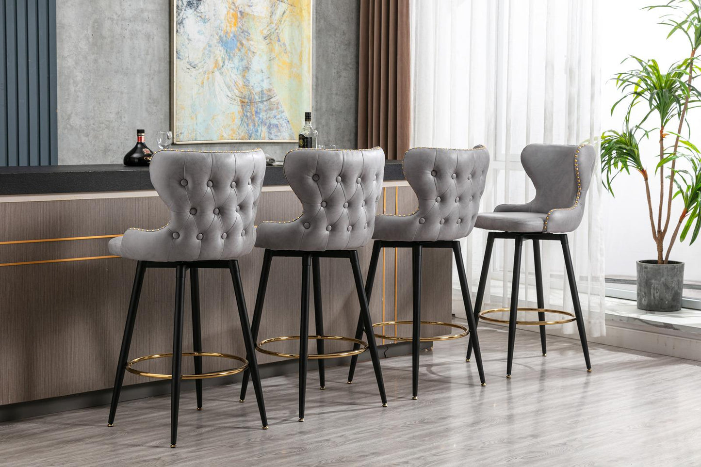 Set of 2 29" Modern Leather Tufted Swivel Bar Stools