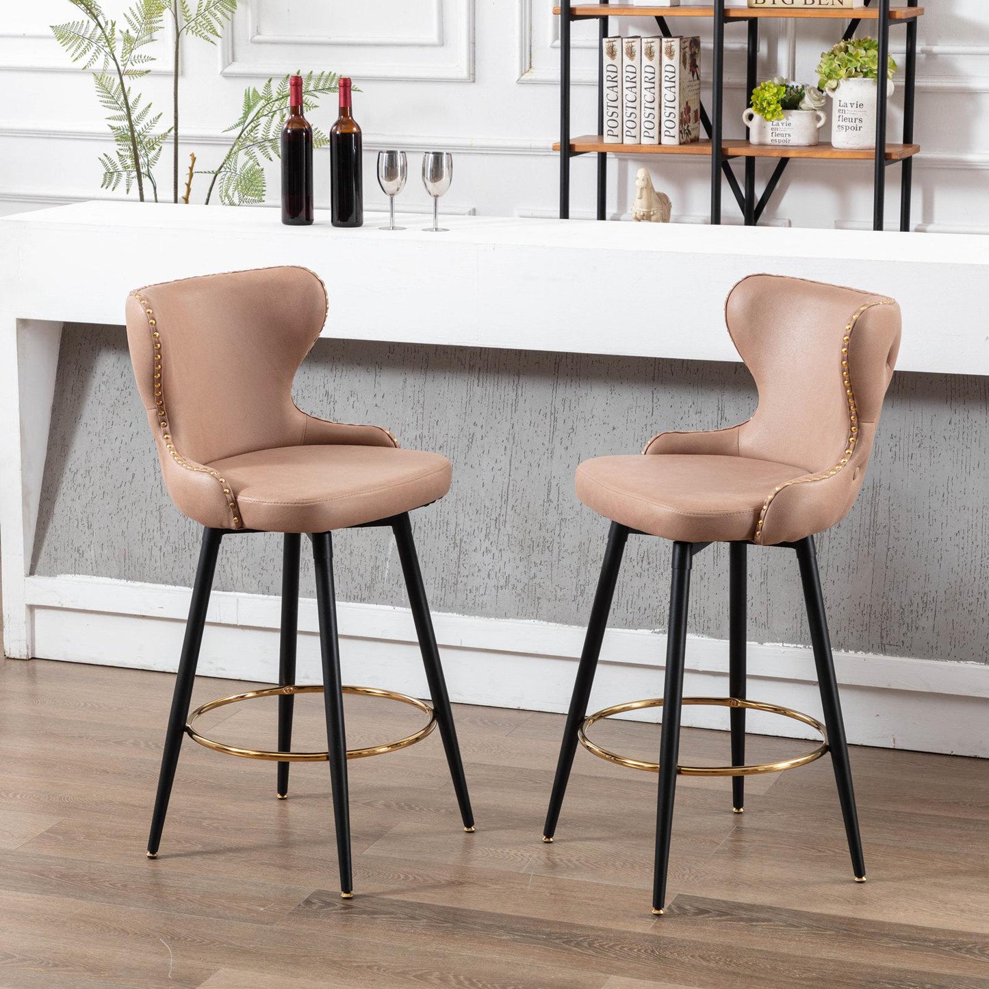 Set of 2 29" Modern Leather Tufted Swivel Bar Stools