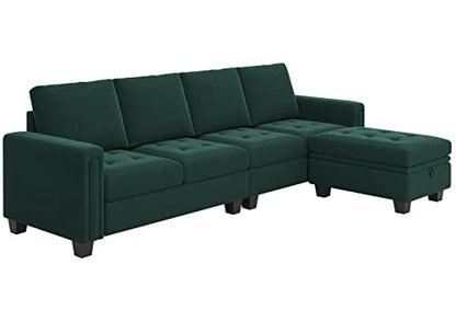 Velvet Reversible Sectional Sofa with Chasie Convertible Couch Storage Ottoman L Shaped 4-seat Green