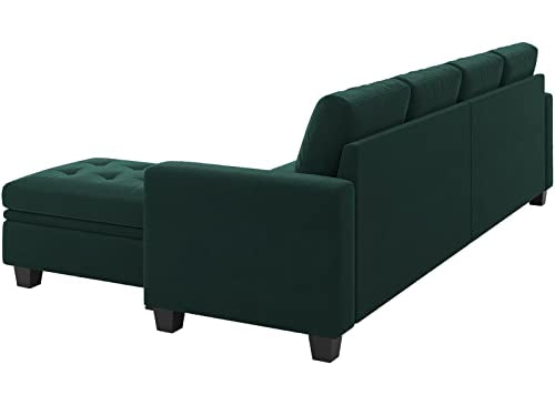 Velvet Reversible Sectional Sofa with Chasie Convertible Couch Storage Ottoman L Shaped 4-seat Green