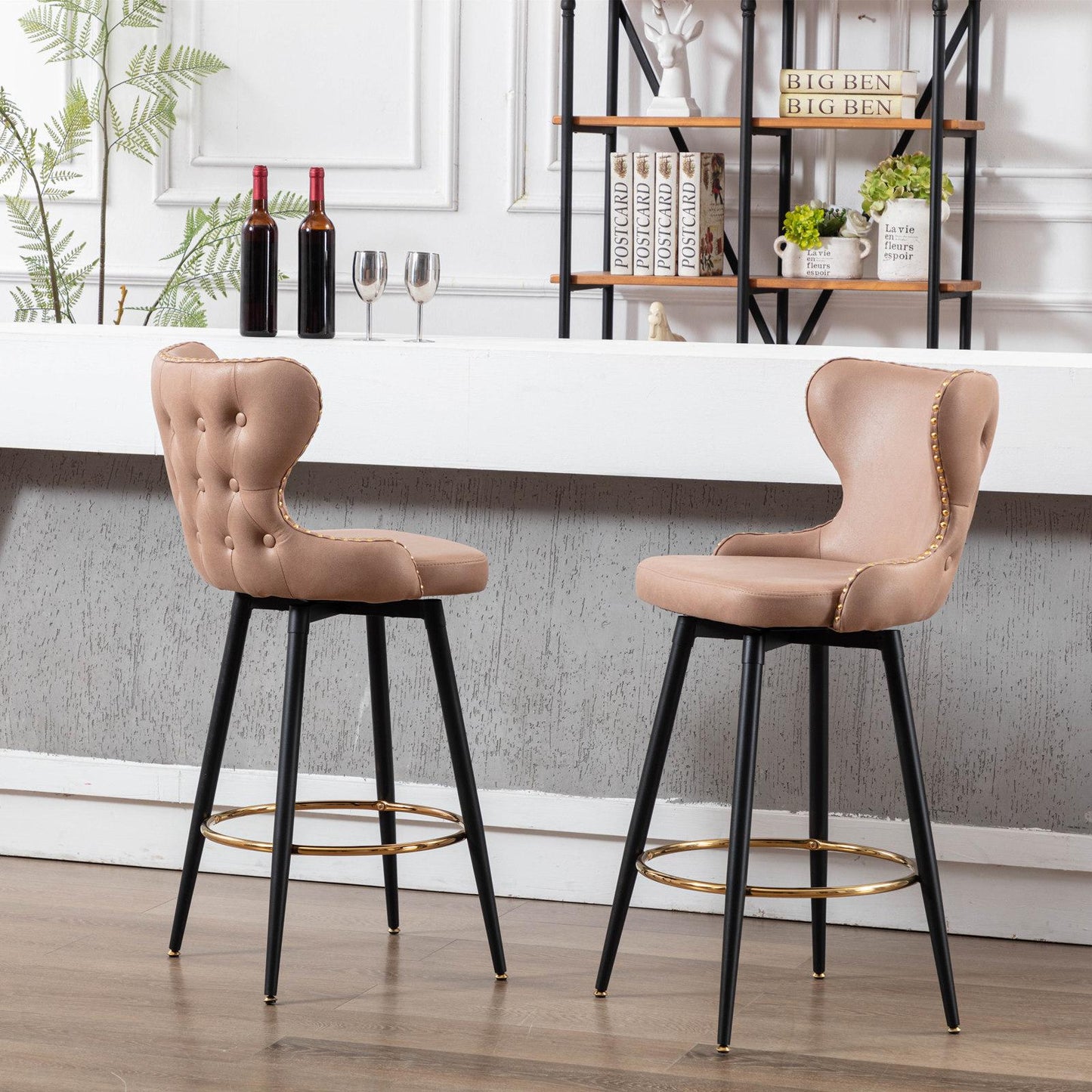Set of 2 29" Modern Leather Tufted Swivel Bar Stools