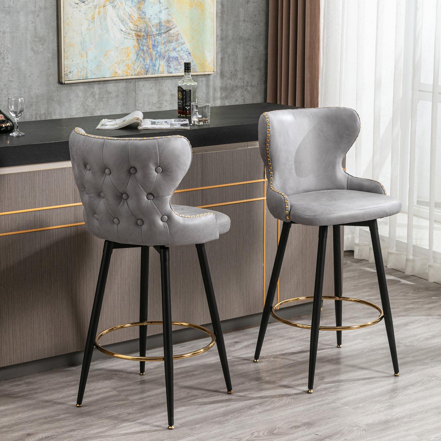 Set of 2 29" Modern Leather Tufted Swivel Bar Stools