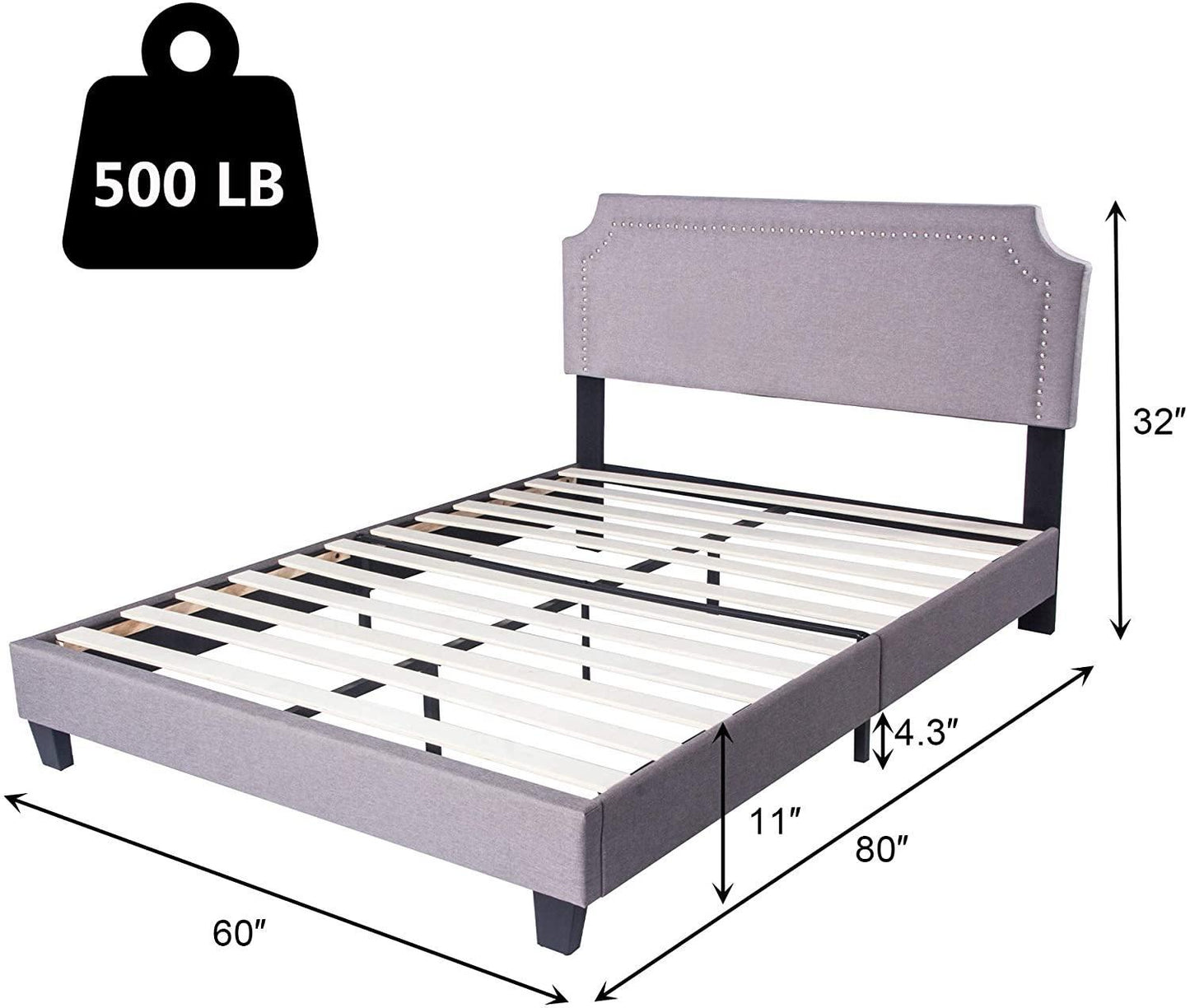 60" Platform Bed Frame Queen Upholstered Headboard Wood Slat Support Metal Frame Heavy Duty Bed Fram
