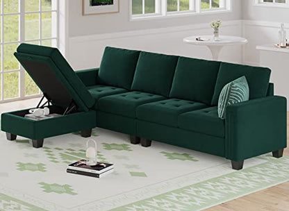 Velvet Reversible Sectional Sofa with Chasie Convertible Couch Storage Ottoman L Shaped 4-seat Green