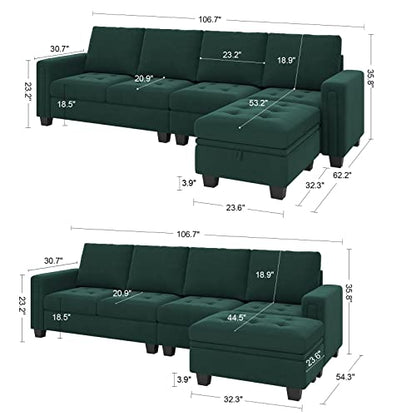 Velvet Reversible Sectional Sofa with Chasie Convertible Couch Storage Ottoman L Shaped 4-seat Green