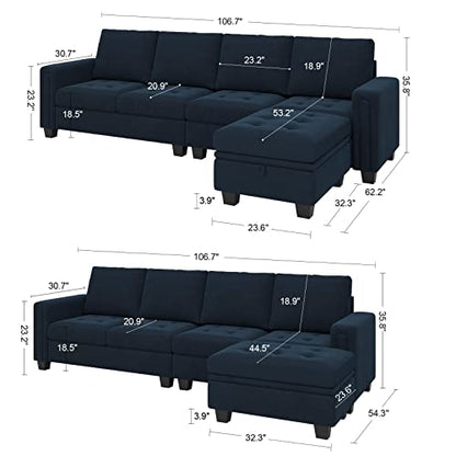 Velvet Reversible Sectional Sofa with Chasie Convertible Couch Storage Ottoman L Shaped 4-seat Green