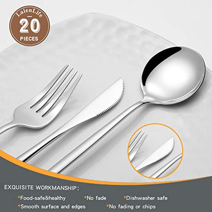 Mirror Modern Flatware Set for 4, 20-Piece Stainless Steel Silverware Set, LaienLife Unique Utensils with Long Forks Spoons and Knives Sets, Great for Home and Restaurant, Dishwasher Safe - Silver