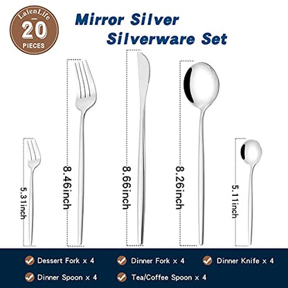 Mirror Modern Flatware Set for 4, 20-Piece Stainless Steel Silverware Set, LaienLife Unique Utensils with Long Forks Spoons and Knives Sets, Great for Home and Restaurant, Dishwasher Safe - Silver