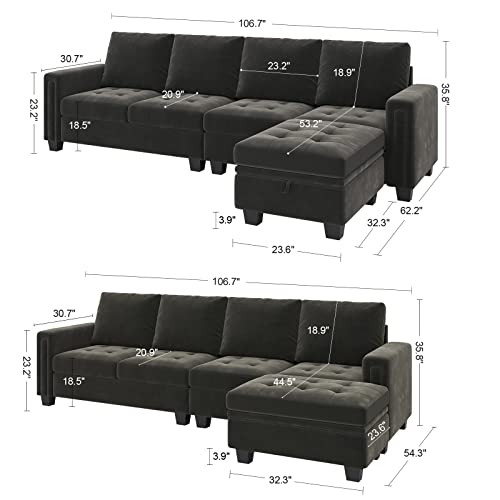 Velvet Reversible Sectional Sofa with Chasie Convertible Couch Storage Ottoman L Shaped 4-seat Green