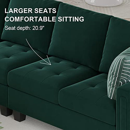 Velvet Reversible Sectional Sofa with Chasie Convertible Couch Storage Ottoman L Shaped 4-seat Green