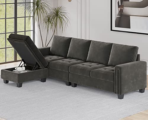 Velvet Reversible Sectional Sofa with Chasie Convertible Couch Storage Ottoman L Shaped 4-seat Green