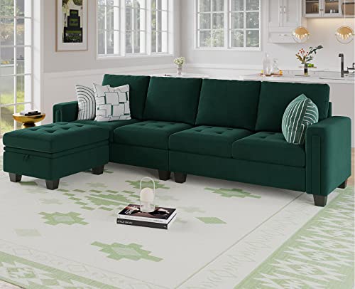 Velvet Reversible Sectional Sofa with Chasie Convertible Couch Storage Ottoman L Shaped 4-seat Green