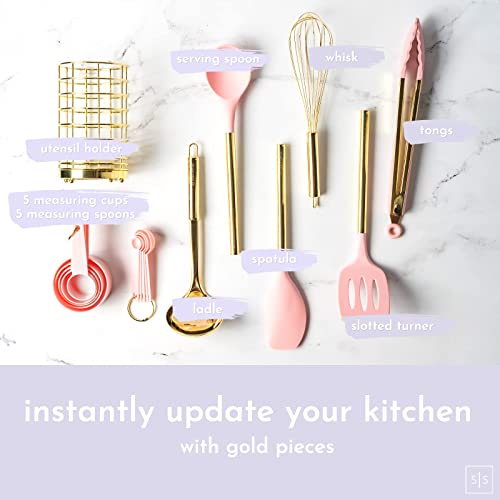 Black and Gold Kitchen Utensils with Gold Utensil Holder -17PC Gold Cooking Utensils Set Includes Black & Gold Measuring Cups and Spoons, Black Silicone Cooking Utensils Set -Gold Kitchen Accessories