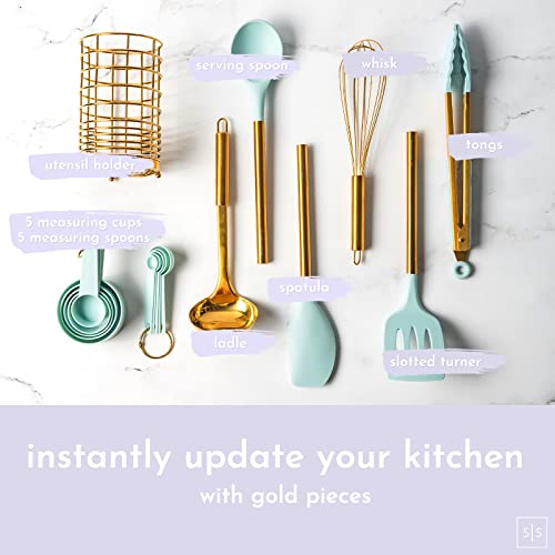 Black and Gold Kitchen Utensils with Gold Utensil Holder -17PC Gold Cooking Utensils Set Includes Black & Gold Measuring Cups and Spoons, Black Silicone Cooking Utensils Set -Gold Kitchen Accessories