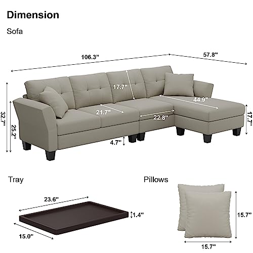 Sectional Couch Velvet L Shaped Sofa 4 Seat Sofa with Chaise L-Shaped Couches Reversible Sectional Sofa Grey
