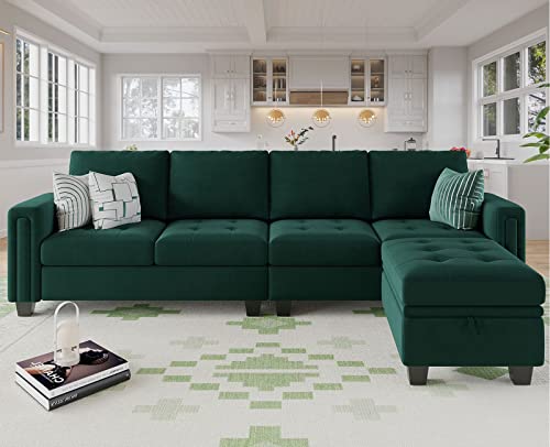 Velvet Reversible Sectional Sofa with Chasie Convertible Couch Storage Ottoman L Shaped 4-seat Green