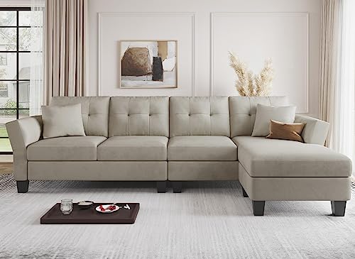 Sectional Couch Velvet L Shaped Sofa 4 Seat Sofa with Chaise L-Shaped Couches Reversible Sectional Sofa Grey