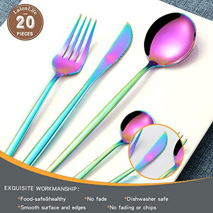 Mirror Modern Flatware Set for 4, 20-Piece Stainless Steel Silverware Set, LaienLife Unique Utensils with Long Forks Spoons and Knives Sets, Great for Home and Restaurant, Dishwasher Safe - Silver