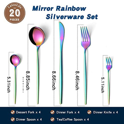 Mirror Modern Flatware Set for 4, 20-Piece Stainless Steel Silverware Set, LaienLife Unique Utensils with Long Forks Spoons and Knives Sets, Great for Home and Restaurant, Dishwasher Safe - Silver