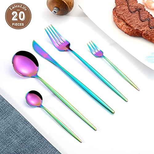 Mirror Modern Flatware Set for 4, 20-Piece Stainless Steel Silverware Set, LaienLife Unique Utensils with Long Forks Spoons and Knives Sets, Great for Home and Restaurant, Dishwasher Safe - Silver