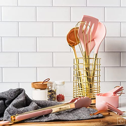 Black and Gold Kitchen Utensils with Gold Utensil Holder -17PC Gold Cooking Utensils Set Includes Black & Gold Measuring Cups and Spoons, Black Silicone Cooking Utensils Set -Gold Kitchen Accessories