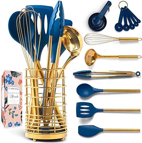 Black and Gold Kitchen Utensils with Gold Utensil Holder -17PC Gold Cooking Utensils Set Includes Black & Gold Measuring Cups and Spoons, Black Silicone Cooking Utensils Set -Gold Kitchen Accessories