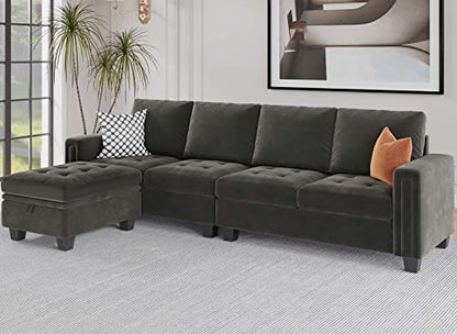 Velvet Reversible Sectional Sofa with Chasie Convertible Couch Storage Ottoman L Shaped 4-seat Green