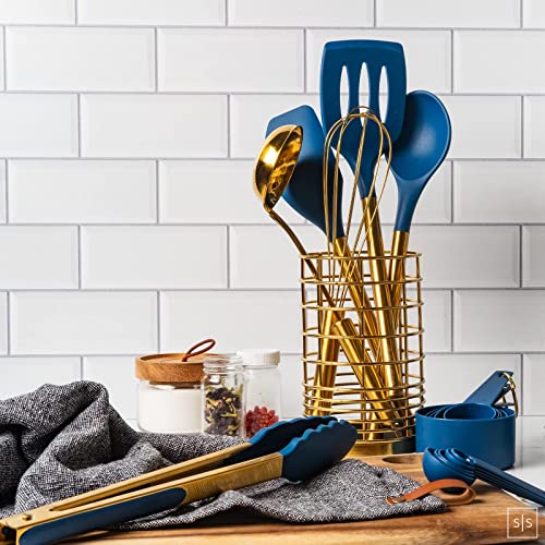 Black and Gold Kitchen Utensils with Gold Utensil Holder -17PC Gold Cooking Utensils Set Includes Black & Gold Measuring Cups and Spoons, Black Silicone Cooking Utensils Set -Gold Kitchen Accessories