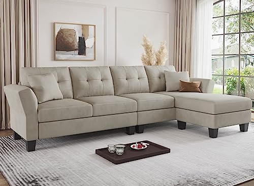 Sectional Couch Velvet L Shaped Sofa 4 Seat Sofa with Chaise L-Shaped Couches Reversible Sectional Sofa Grey