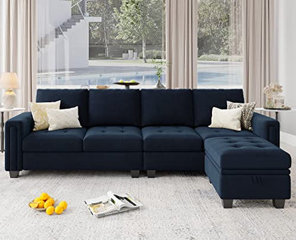 Velvet Reversible Sectional Sofa with Chasie Convertible Couch Storage Ottoman L Shaped 4-seat Green