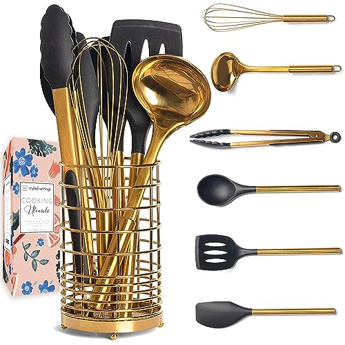Black and Gold Kitchen Utensils with Gold Utensil Holder -17PC Gold Cooking Utensils Set Includes Black & Gold Measuring Cups and Spoons, Black Silicone Cooking Utensils Set -Gold Kitchen Accessories