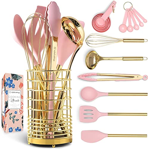 Black and Gold Kitchen Utensils with Gold Utensil Holder -17PC Gold Cooking Utensils Set Includes Black & Gold Measuring Cups and Spoons, Black Silicone Cooking Utensils Set -Gold Kitchen Accessories