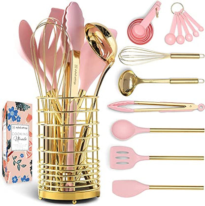Black and Gold Kitchen Utensils with Gold Utensil Holder -17PC Gold Cooking Utensils Set Includes Black & Gold Measuring Cups and Spoons, Black Silicone Cooking Utensils Set -Gold Kitchen Accessories