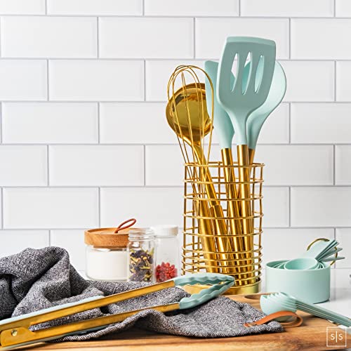Black and Gold Kitchen Utensils with Gold Utensil Holder -17PC Gold Cooking Utensils Set Includes Black & Gold Measuring Cups and Spoons, Black Silicone Cooking Utensils Set -Gold Kitchen Accessories