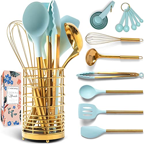 Black and Gold Kitchen Utensils with Gold Utensil Holder -17PC Gold Cooking Utensils Set Includes Black & Gold Measuring Cups and Spoons, Black Silicone Cooking Utensils Set -Gold Kitchen Accessories