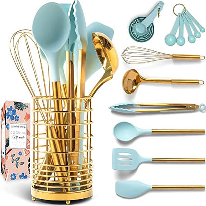 Black and Gold Kitchen Utensils with Gold Utensil Holder -17PC Gold Cooking Utensils Set Includes Black & Gold Measuring Cups and Spoons, Black Silicone Cooking Utensils Set -Gold Kitchen Accessories
