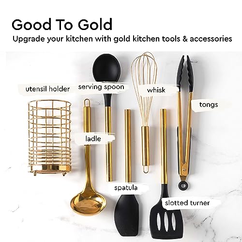 Black and Gold Kitchen Utensils with Gold Utensil Holder -17PC Gold Cooking Utensils Set Includes Black & Gold Measuring Cups and Spoons, Black Silicone Cooking Utensils Set -Gold Kitchen Accessories
