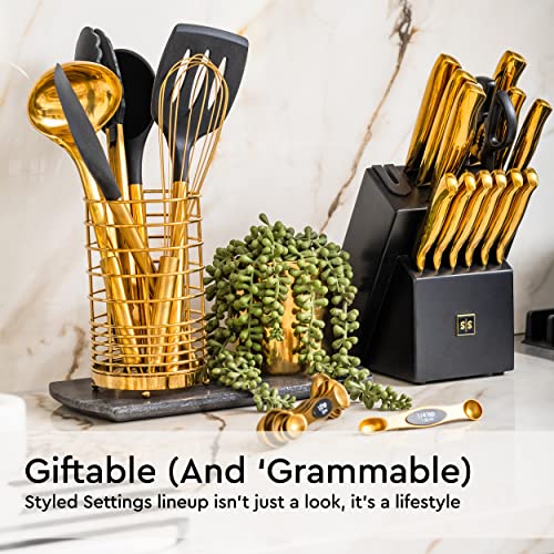 Black and Gold Kitchen Utensils with Gold Utensil Holder -17PC Gold Cooking Utensils Set Includes Black & Gold Measuring Cups and Spoons, Black Silicone Cooking Utensils Set -Gold Kitchen Accessories
